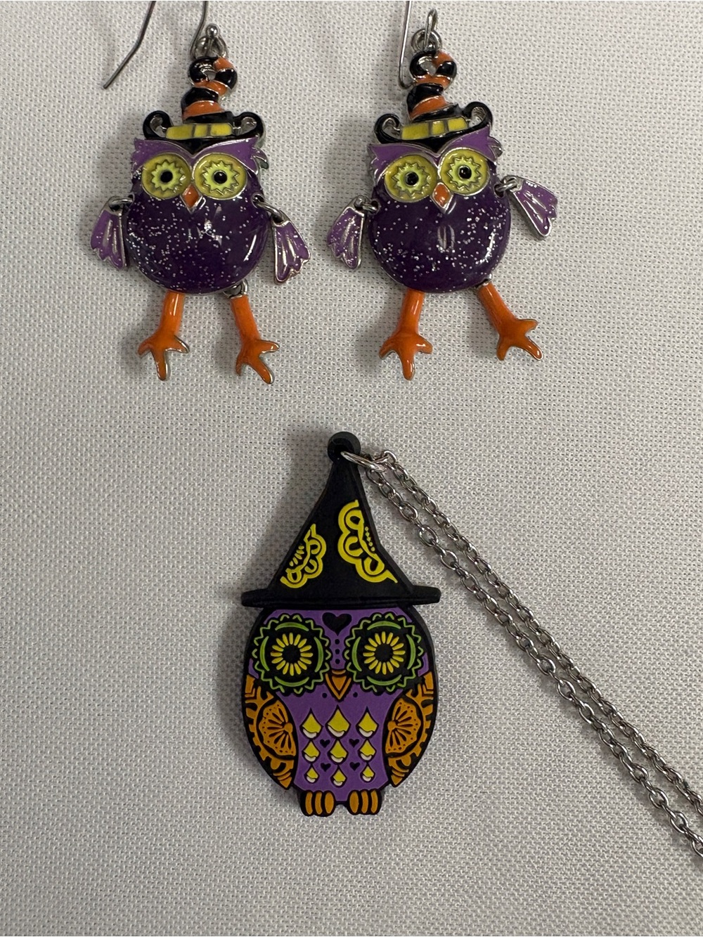 Purple & Orange Owl Halloween Earrings and Necklace Day of the dead